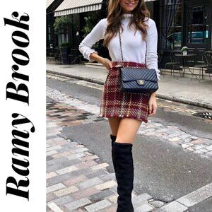 NWT RAMY BROOK Elias Burgundy Plaid Tweed Fringe Wool Blend Mini Skirt, Size 6